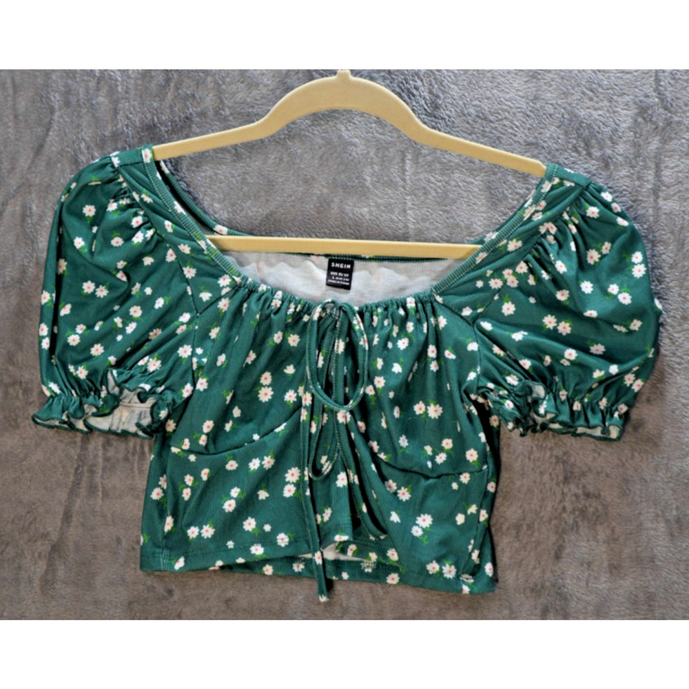 SHEIN Green Floral Puff Sleeve‎ Crop Top Smocked Back Daisy Print XS